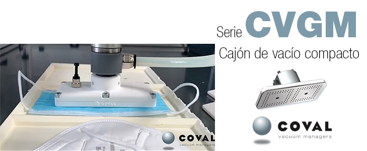 El cajón de vacío compacto COVAL responde a las aplicaciones de toma de productos ligeros y porosos, como las máscarillas protectoras, recortes de telas o cueros.