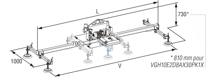 Esquema de un aparato elevador de vacío horizontal COVAL, serie VACUOGRIP VGH (dimensiones - ajustes)