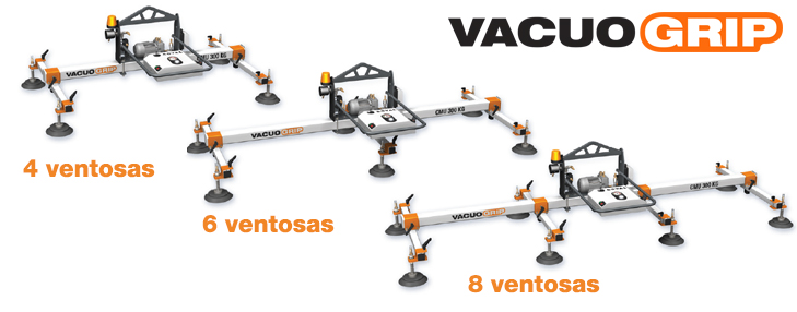 VACUOGRIP COVAL, los aparatos elevadores de vacío horizontales están disponibles con 4, 6 u 8 ventosas.