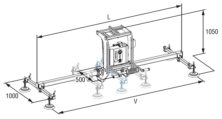 Dimensiones totales de un aparato elevador de vacío COVAL, serie VACUOGRIP VGR, para la manipulación por vacío y el giro a 90° de cargas de 100 a 500 kg - de chapa - paneles.